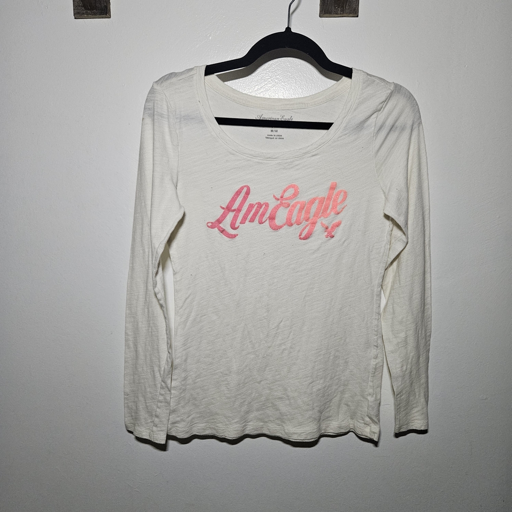 American Eagle Outfitters White and Pink Long Sleeve Tee